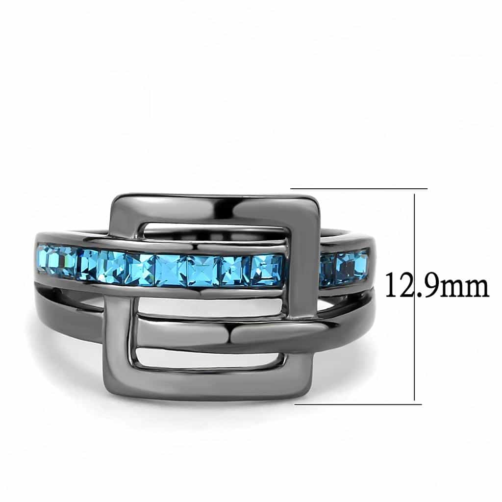 Stainless Steel Black IP Aquamarine Blue CZ Princess Channel Ring view 3
