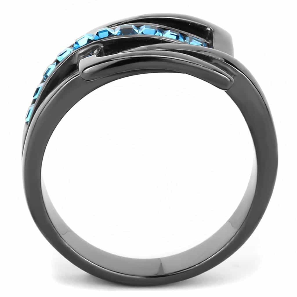 Stainless Steel Black IP Aquamarine Blue CZ Princess Channel Ring view 5