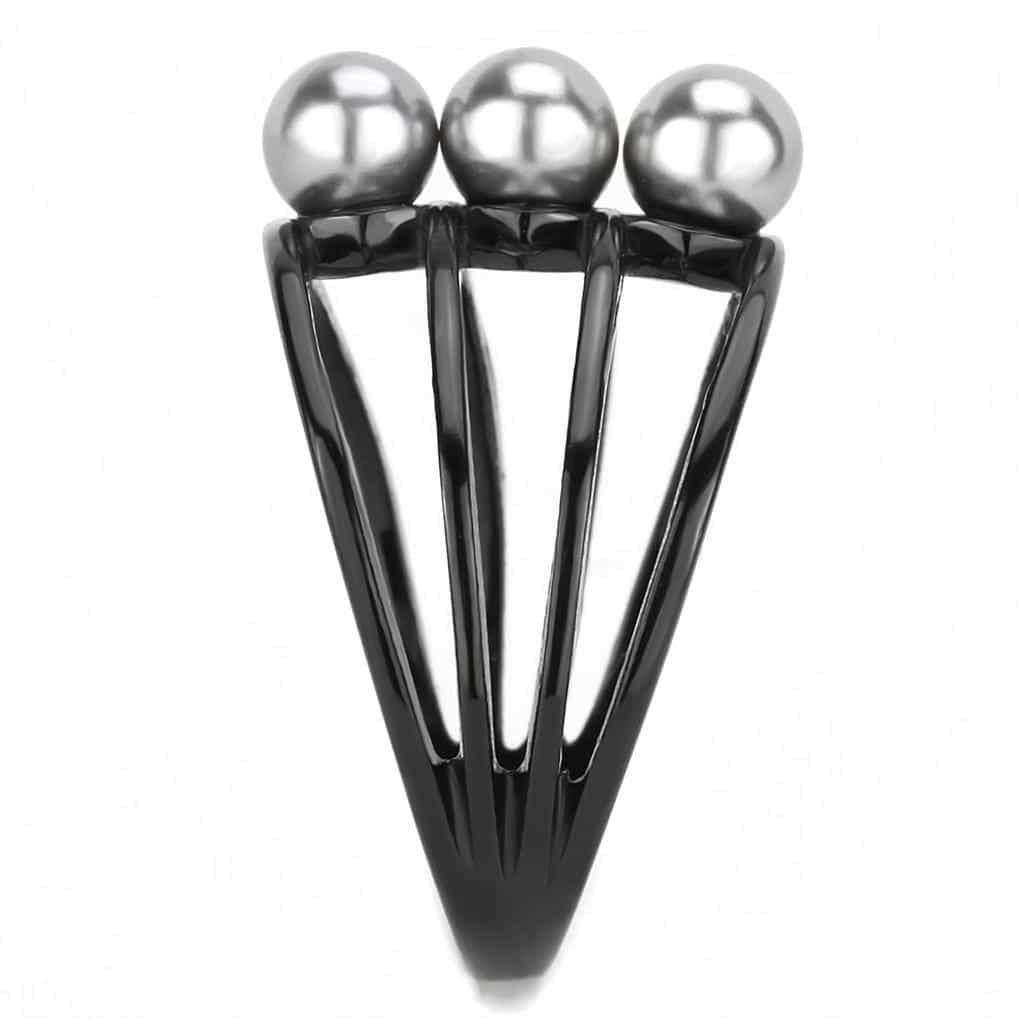 Stainless Steel Black IP Gray Pearl Triple Ball Open Multi Ring view 7