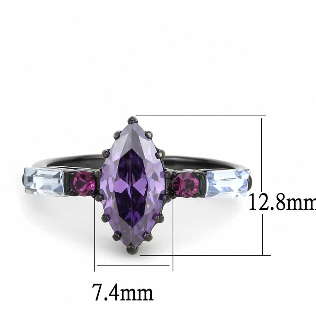 Stainless Steel Black IP Amethyst Marquise CZ Baguette Pink Ring view 3