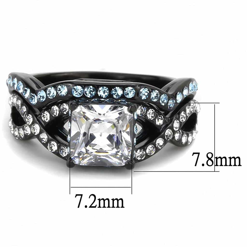 Stainless Steel Black IP CZ Princess Square Pave Aquamarine Ring view 3