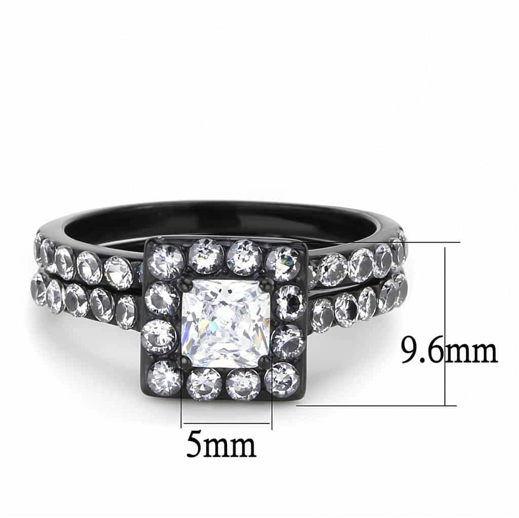 Stainless Steel Black IP CZ Princess Square Pave Halo Bridal Ring view 3