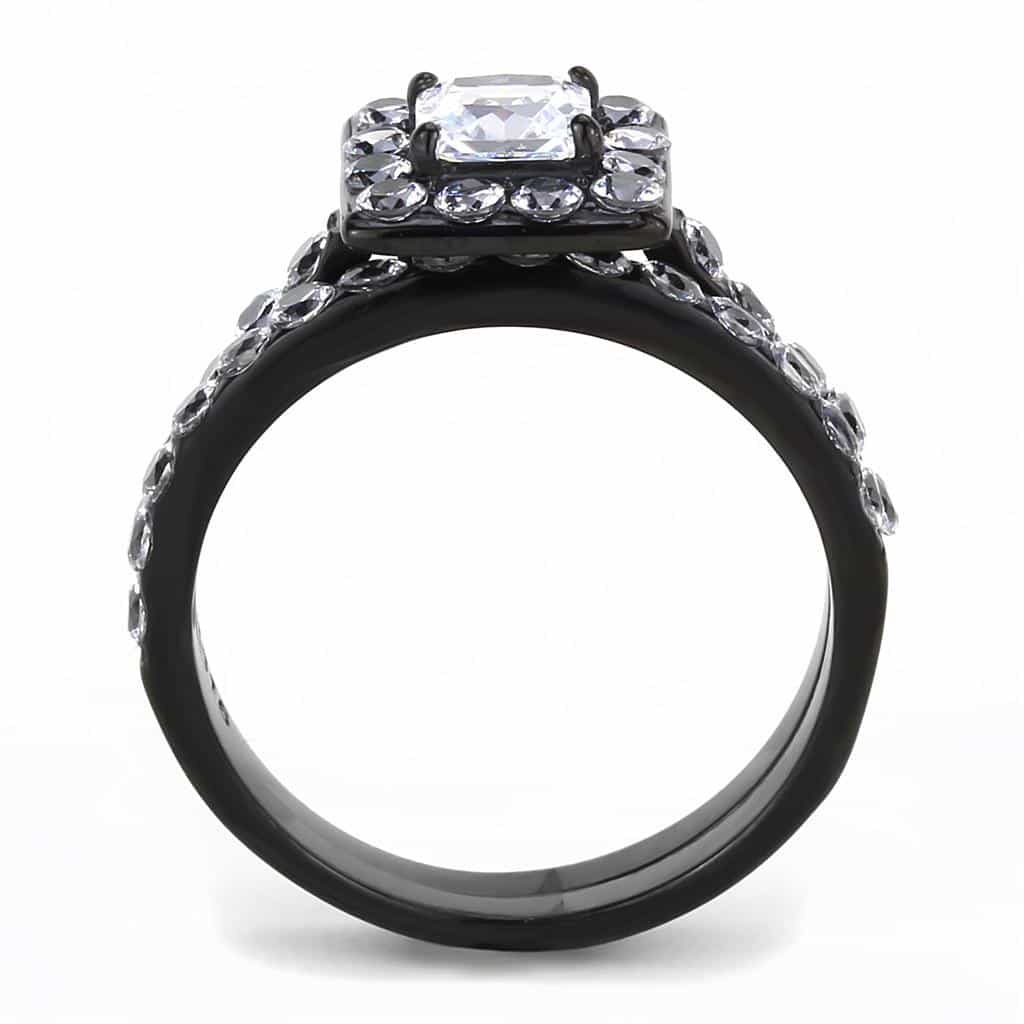 Stainless Steel Black IP CZ Princess Square Pave Halo Bridal Ring view 5