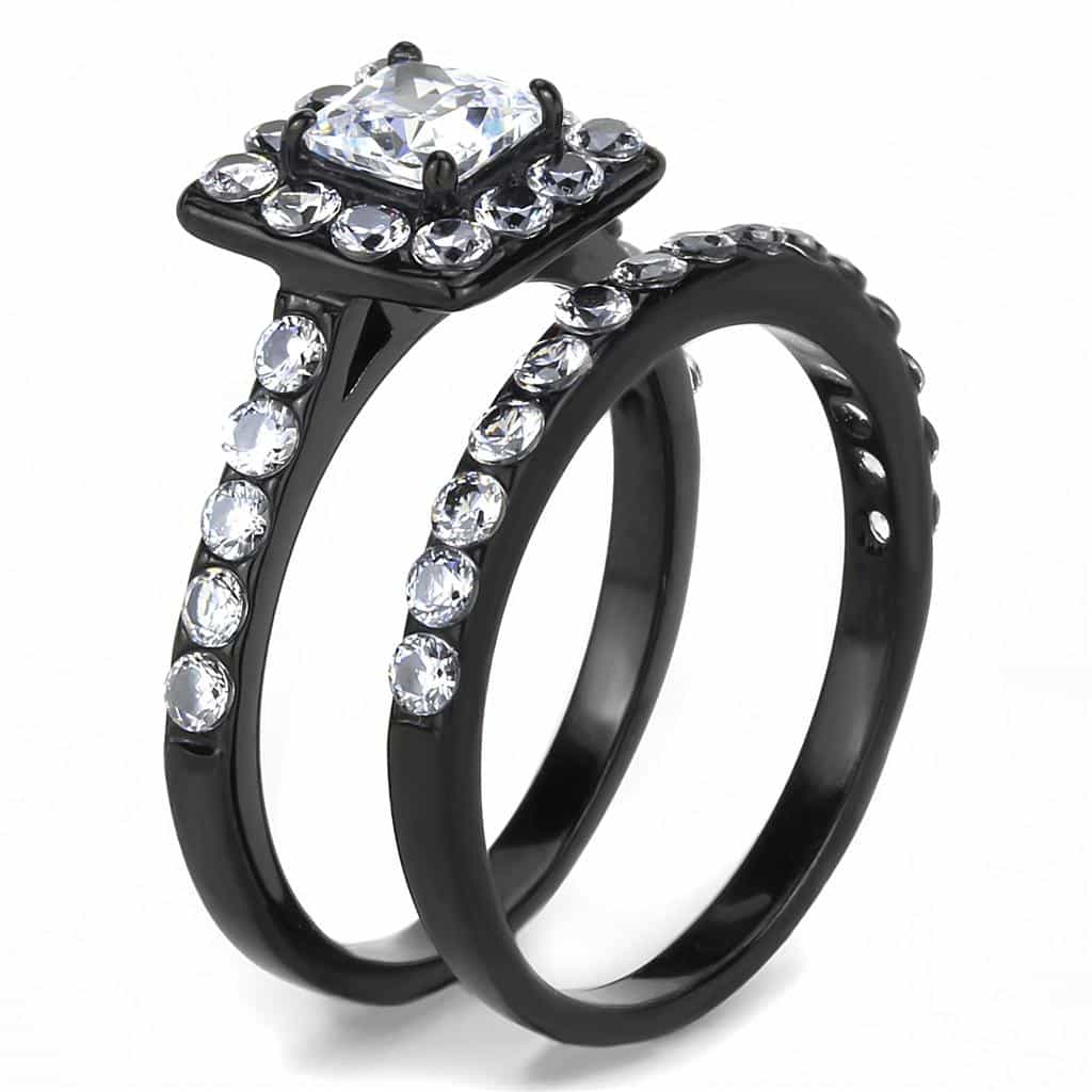 Stainless Steel Black IP CZ Princess Square Pave Halo Bridal Ring view 7