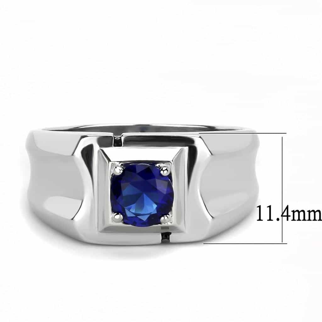 Stainless Steel Silver Blue Sapphire Square Polished Wide Ring view 3