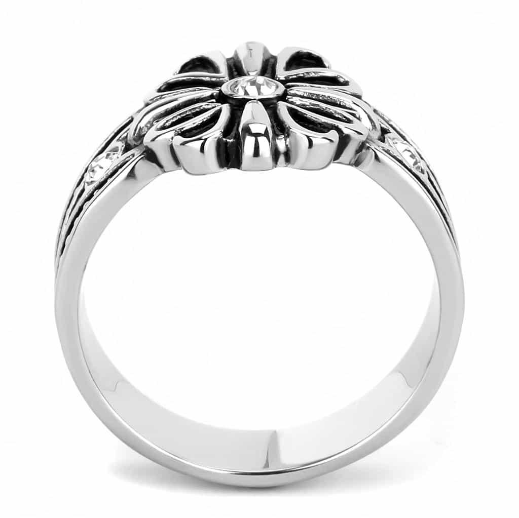 Stainless Steel Silver CZ Flower Cross Gothic Mens Signet Ring view 5