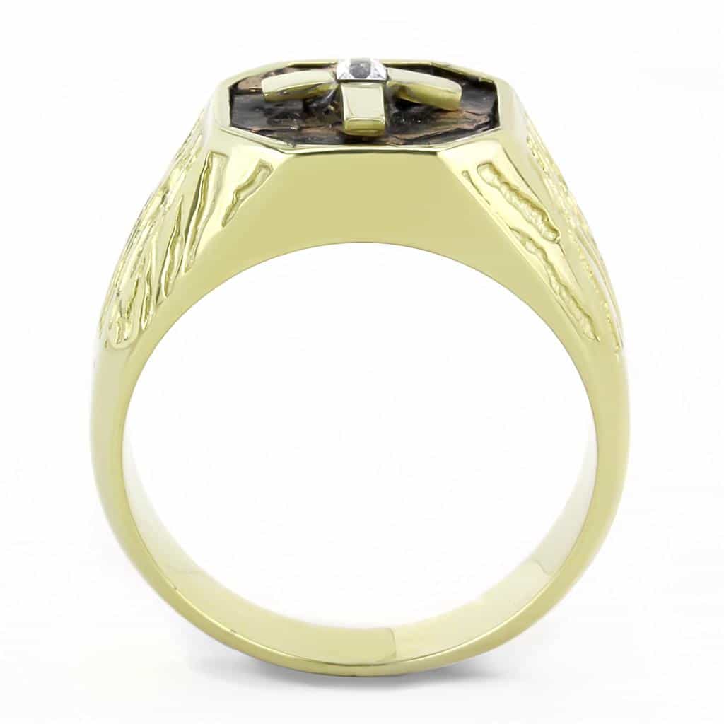 Stainless Steel Gold IP Brown Enamel Cross Crusader Shield Ring view 5