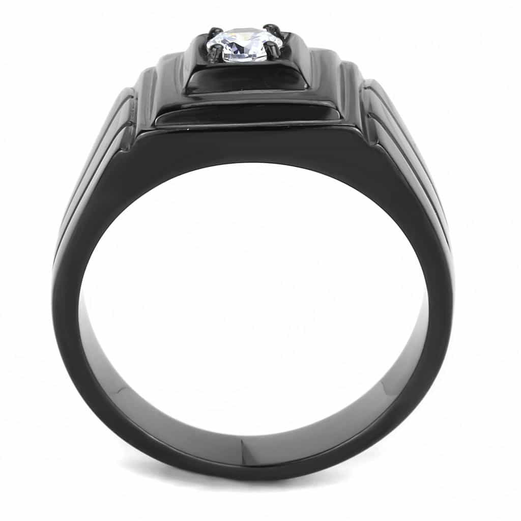 Stainless Steel Black IP CZ Round Square Bezel Polished Mens Ring view 5