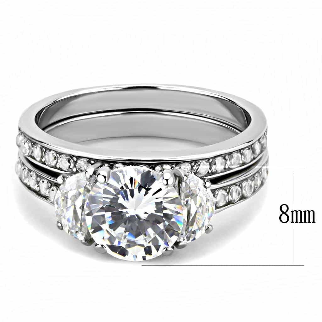 Stainless Steel CZ Round Pave Baguette Accent Bridal Stack Ring view 3