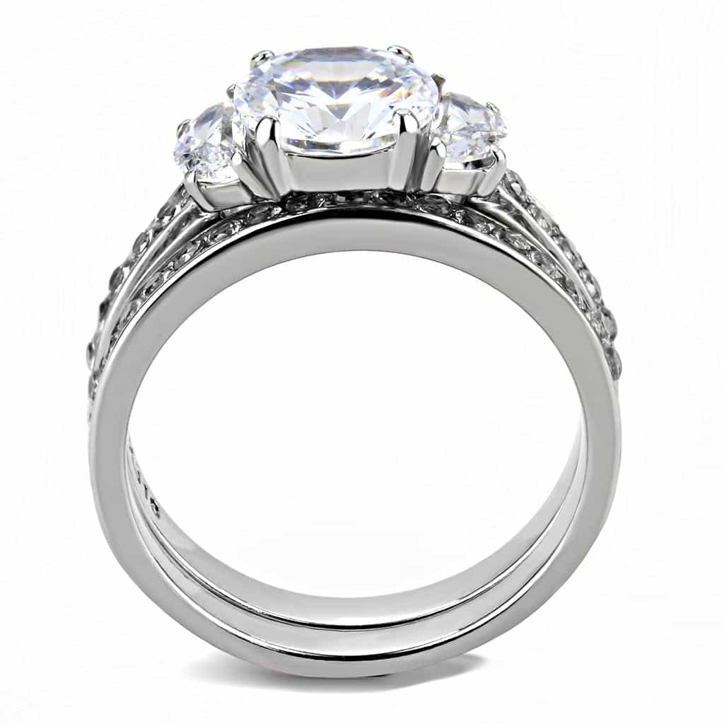 Stainless Steel CZ Round Pave Baguette Accent Bridal Stack Ring view 5