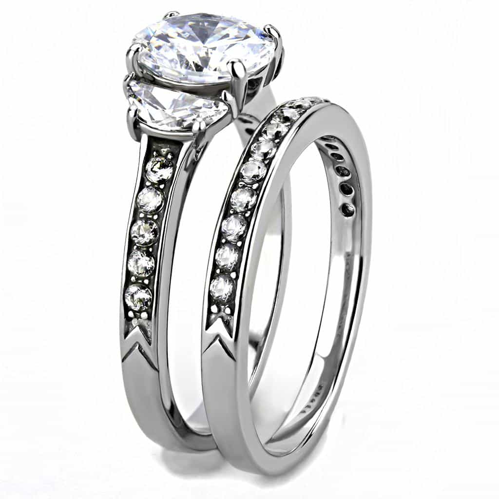 Stainless Steel CZ Round Pave Baguette Accent Bridal Stack Ring view 7
