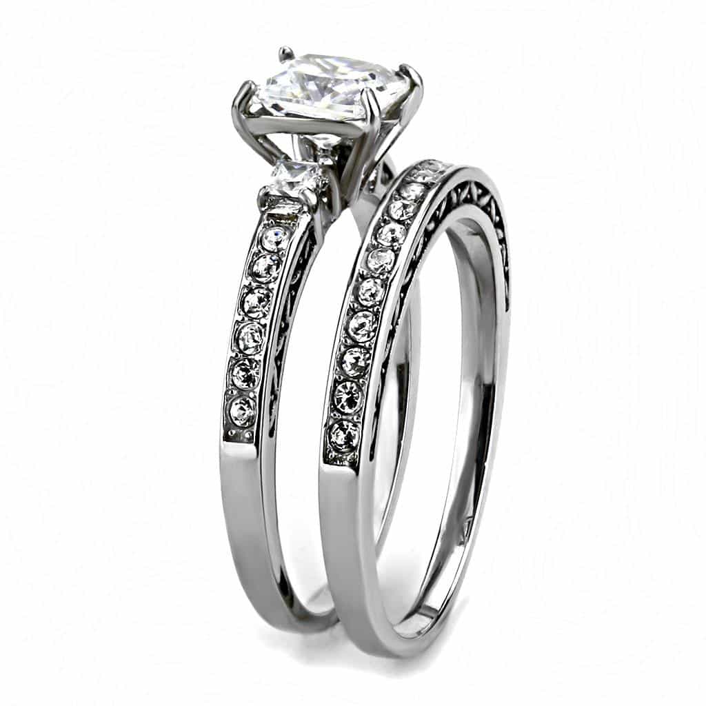 Stainless Steel CZ Princess Square Pave Channel Bridal Stack Ring view 7