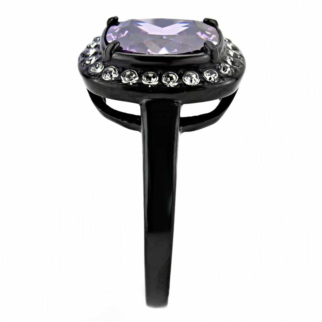 Stainless Steel Black IP Light Amethyst Cushion CZ Halo Ring view 7