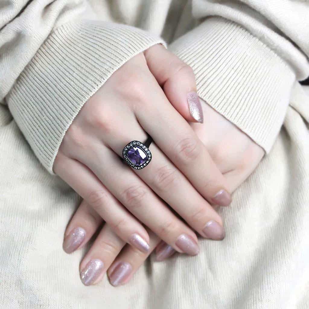 Stainless Steel Black IP Light Amethyst Cushion CZ Halo Ring view 9