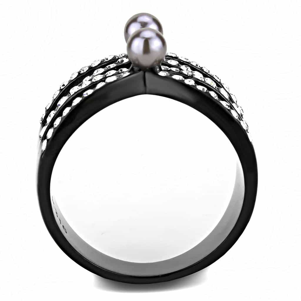 Stainless Steel Black IP Gray Pearl CZ Pave Cutout Crown Ring view 5