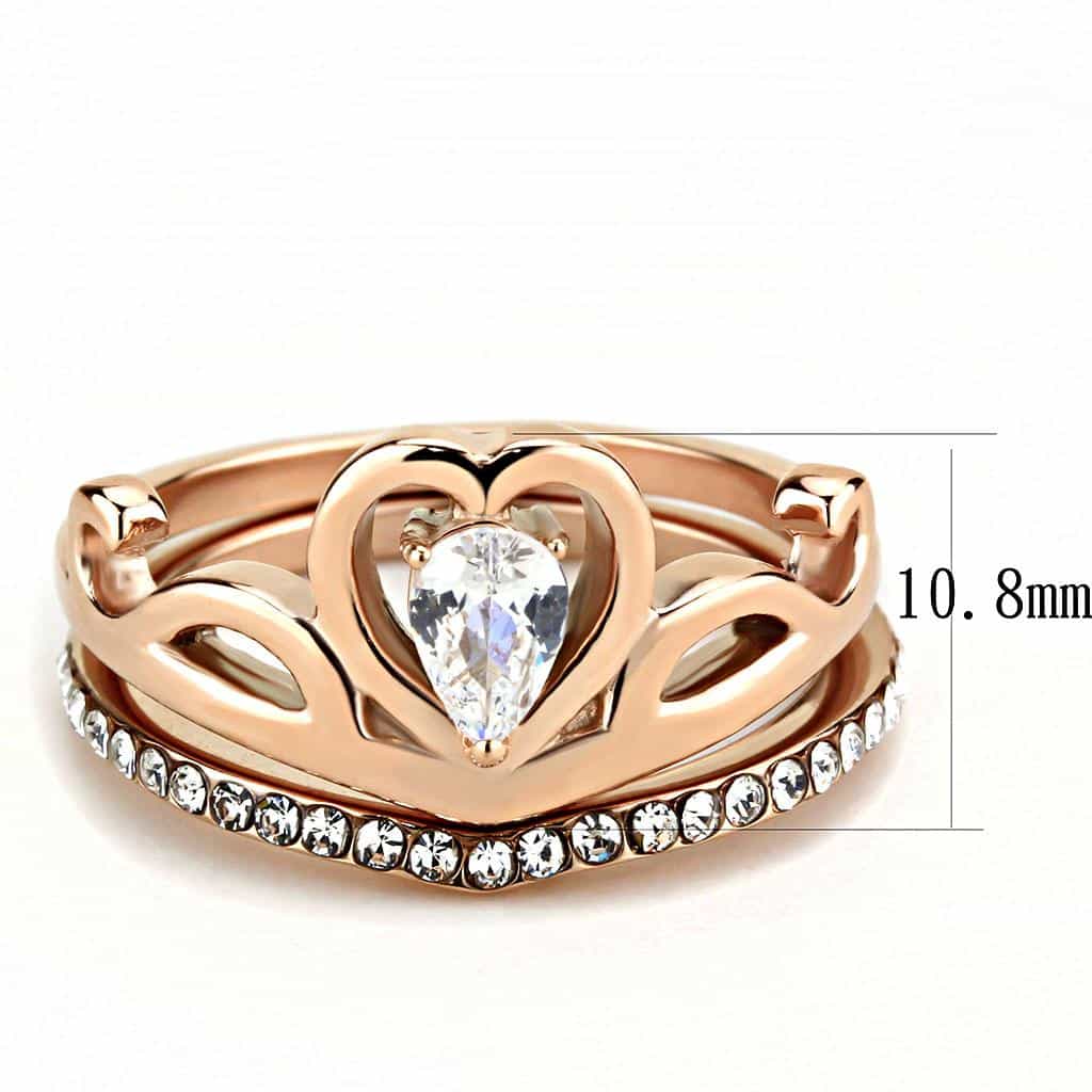 Stainless Steel Rose Gold IP CZ Heart Double Crown Pave Ring view 3