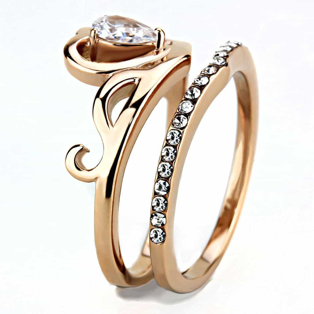 Stainless Steel Rose Gold IP CZ Heart Double Crown Pave Ring view 7
