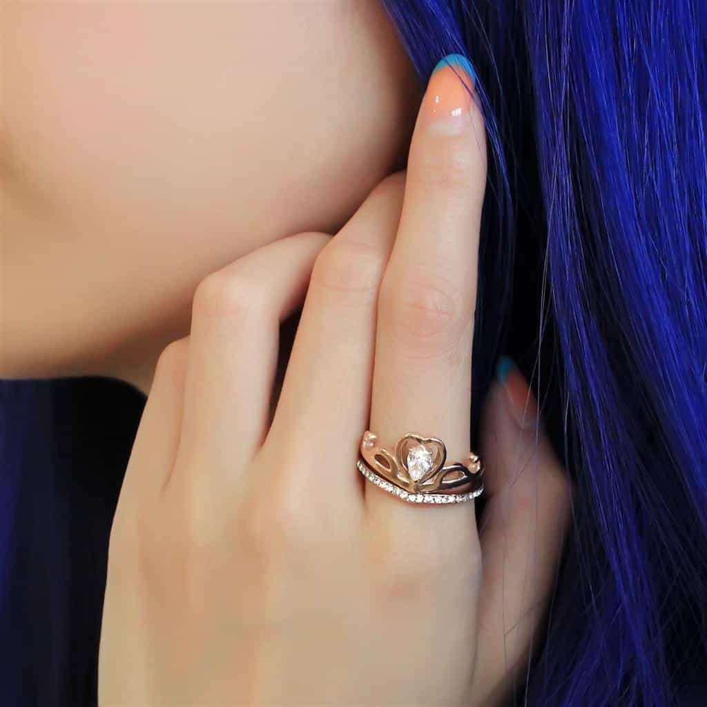 Stainless Steel Rose Gold IP CZ Heart Double Crown Pave Ring view 9