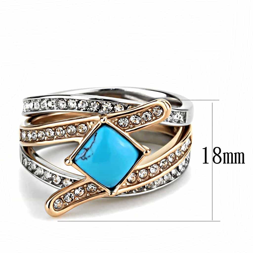 Stainless Steel Two-Tone Gold Silver Turquoise Square CZ Ring view 3