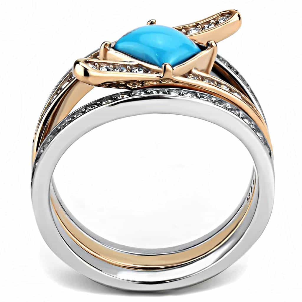 Stainless Steel Two-Tone Gold Silver Turquoise Square CZ Ring view 5