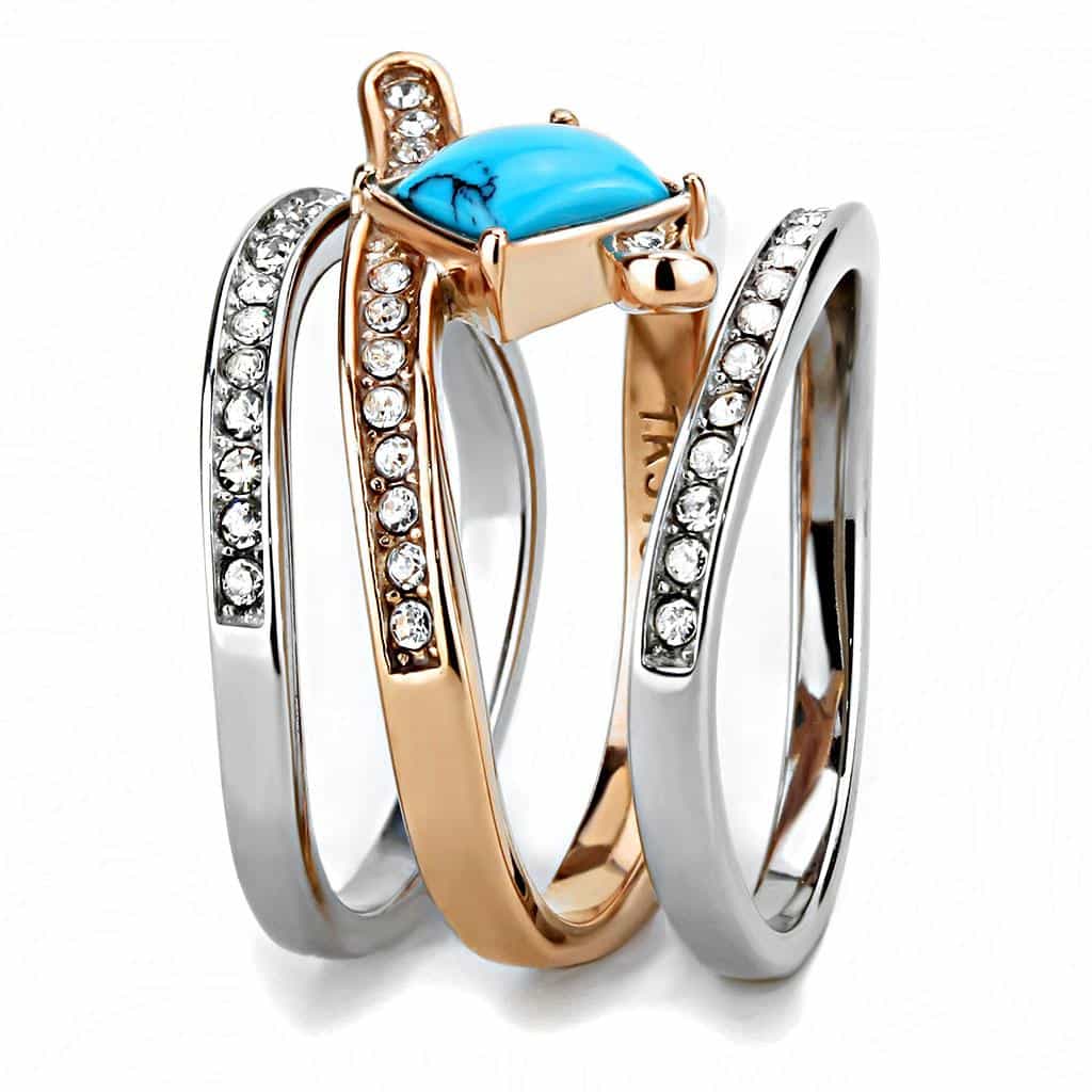 Stainless Steel Two-Tone Gold Silver Turquoise Square CZ Ring view 7
