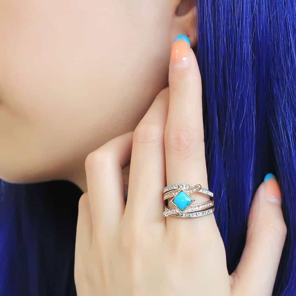 Stainless Steel Two-Tone Gold Silver Turquoise Square CZ Ring view 9