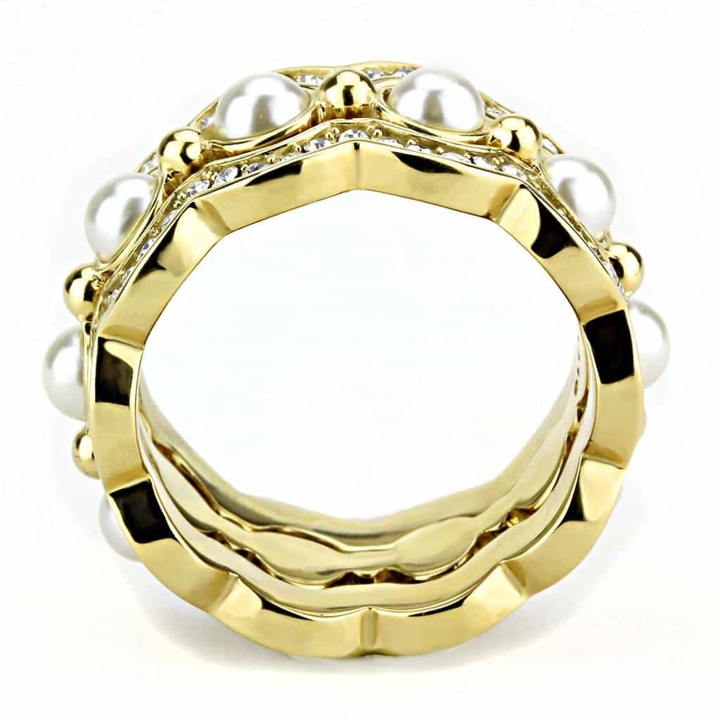 Stainless Steel Gold IP Pearl CZ Pave Scallop Wave Eternity Ring view 5