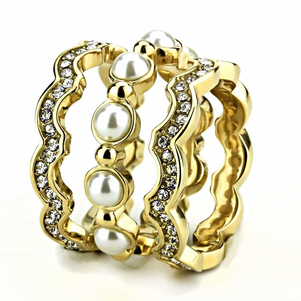 Stainless Steel Gold IP Pearl CZ Pave Scallop Wave Eternity Ring view 7