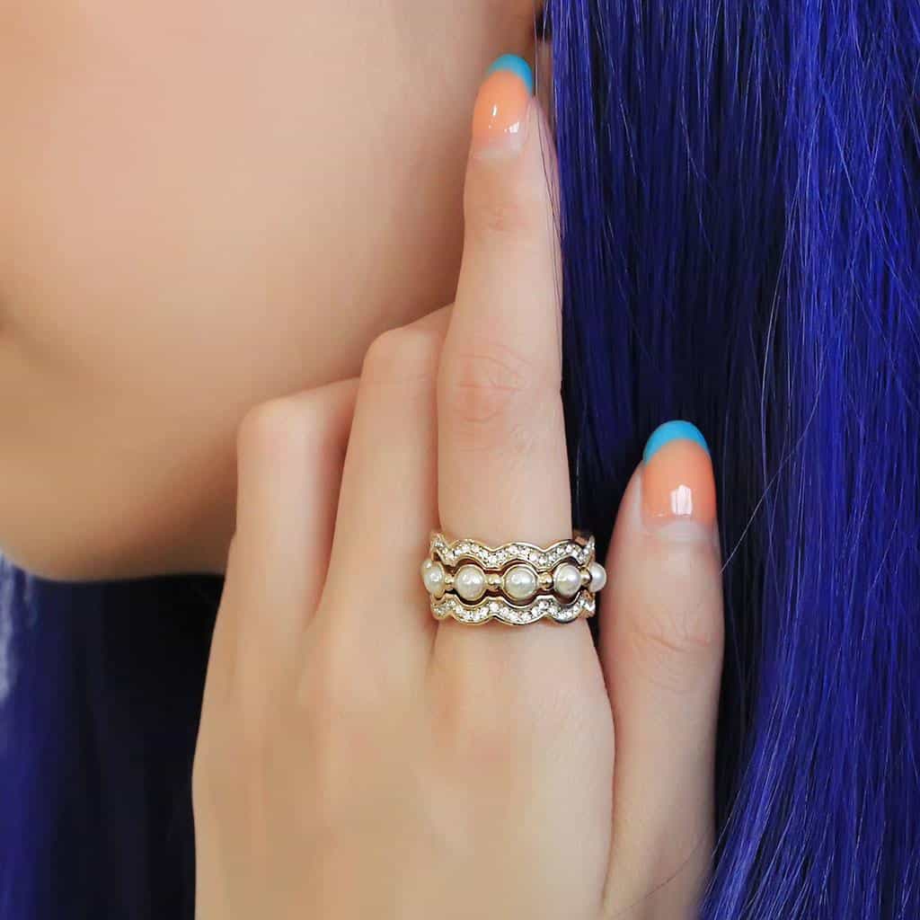 Stainless Steel Gold IP Pearl CZ Pave Scallop Wave Eternity Ring view 9