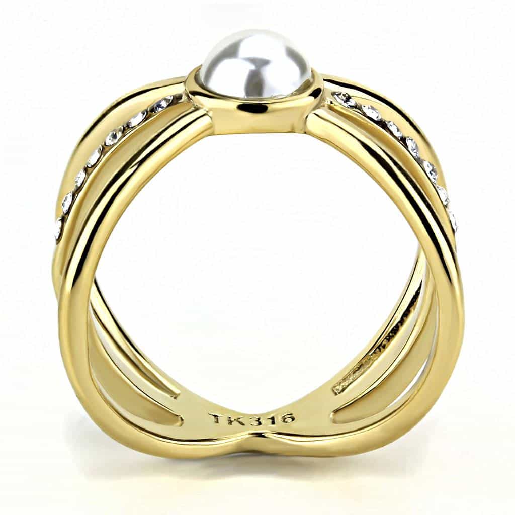 Stainless Steel Gold IP Pearl CZ Pave X Crossover Open Ring view 5