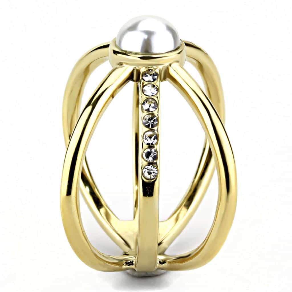 Stainless Steel Gold IP Pearl CZ Pave X Crossover Open Ring view 7