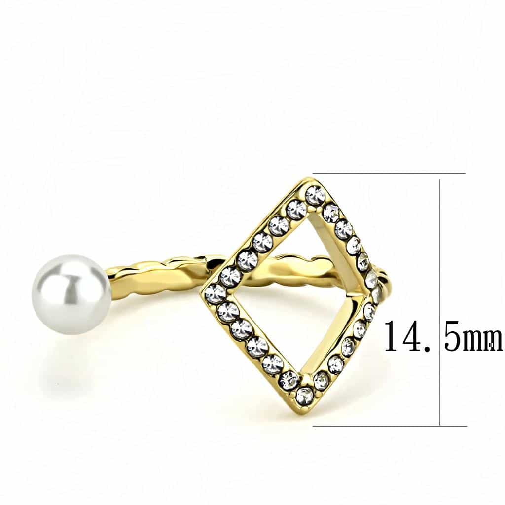 Stainless Steel Gold IP Pearl CZ Pave Diamond Shape Open Ring view 3