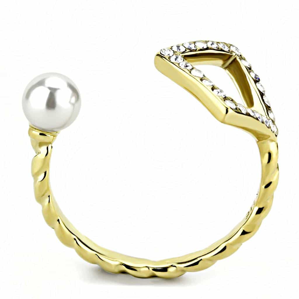 Stainless Steel Gold IP Pearl CZ Pave Diamond Shape Open Ring view 5