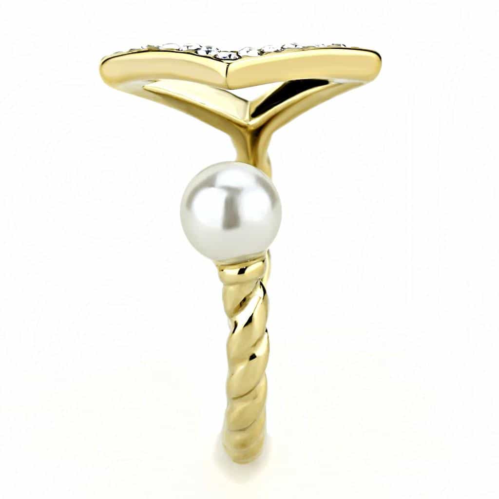 Stainless Steel Gold IP Pearl CZ Pave Diamond Shape Open Ring view 7