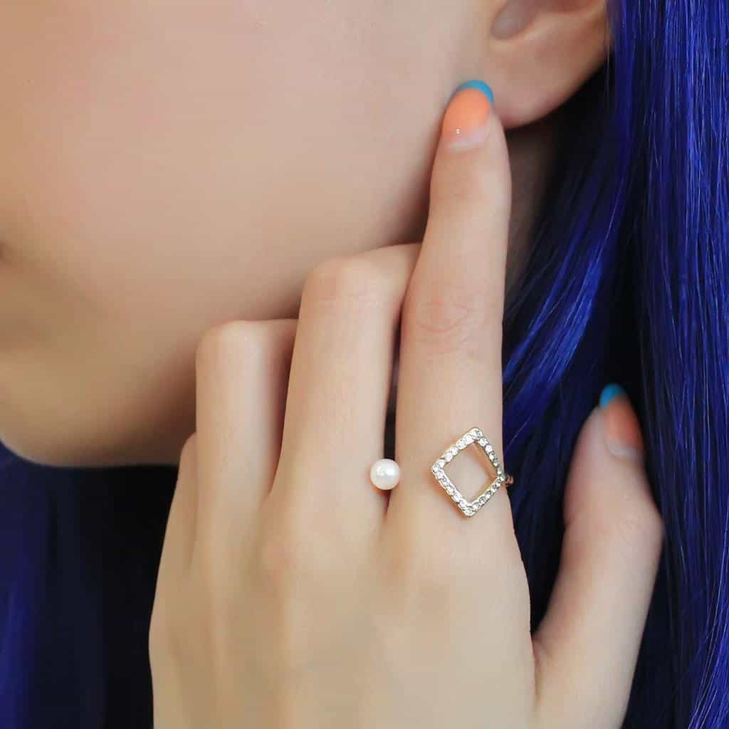 Stainless Steel Gold IP Pearl CZ Pave Diamond Shape Open Ring view 9
