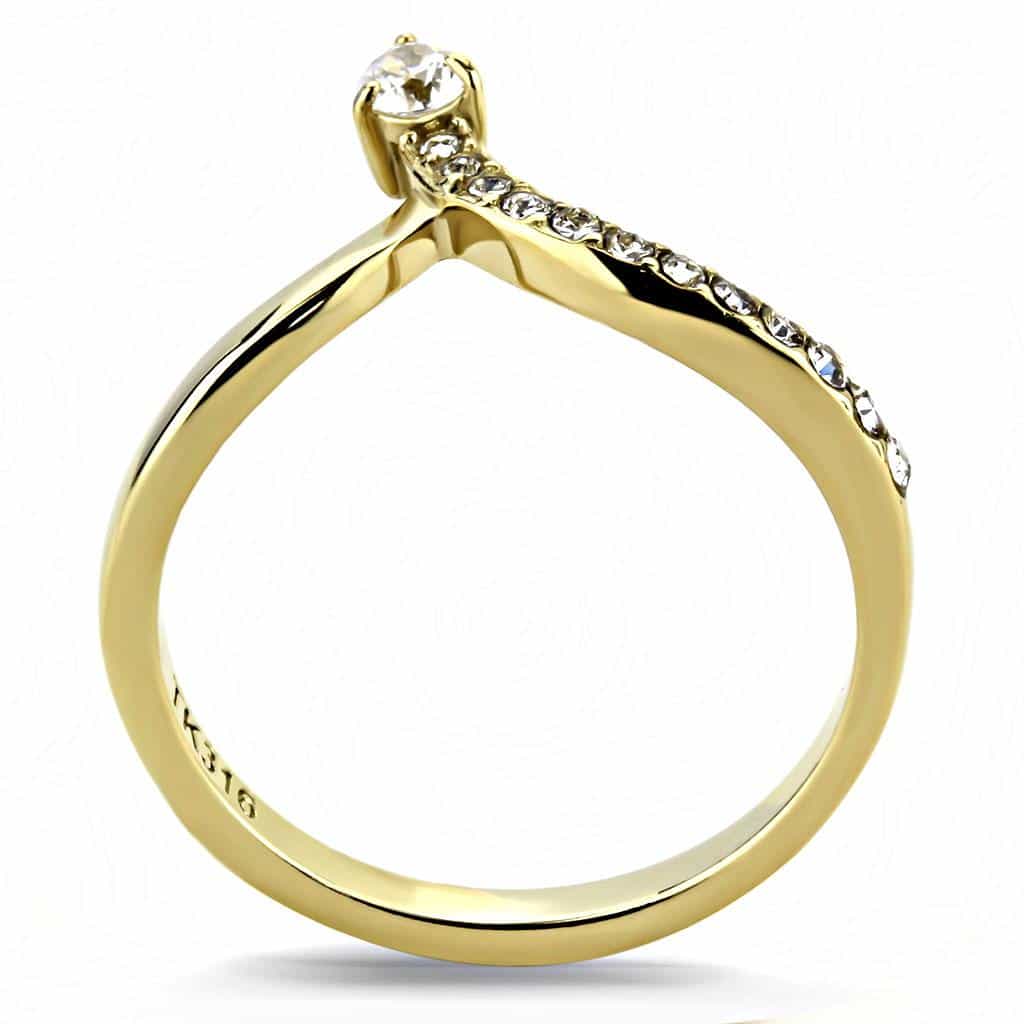 Stainless Steel Gold IP CZ Pave Curved Chevron V Ring view 5