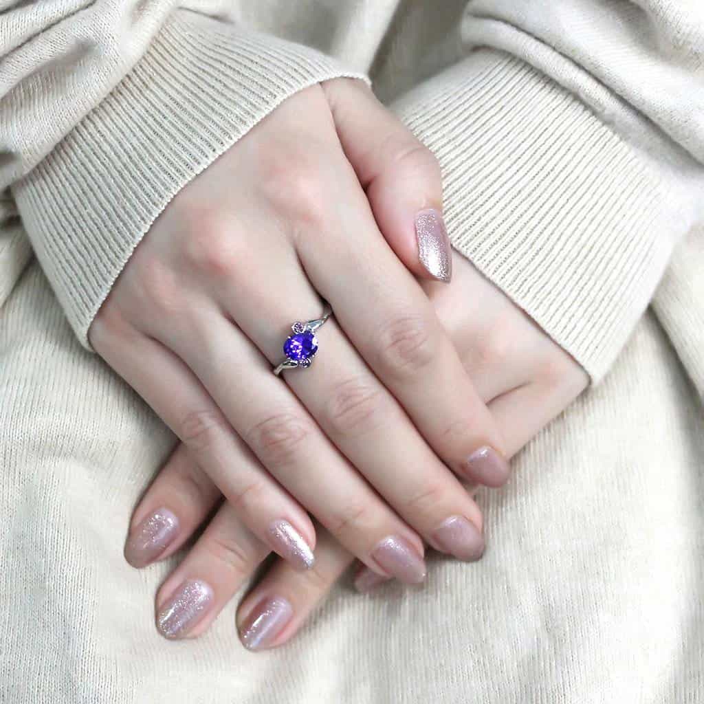 Stainless Steel Tanzanite Purple Oval CZ Pink Accent Bypass Ring view 9