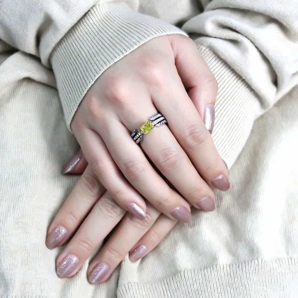 Stainless Steel Multi Color CZ Channel Princess Yellow Ring view 9