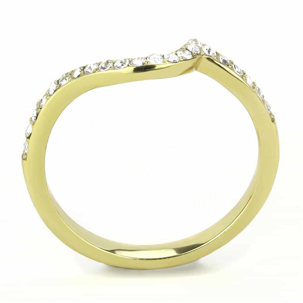 Stainless Steel Gold IP CZ Pave Curved Chevron V Band Ring view 5