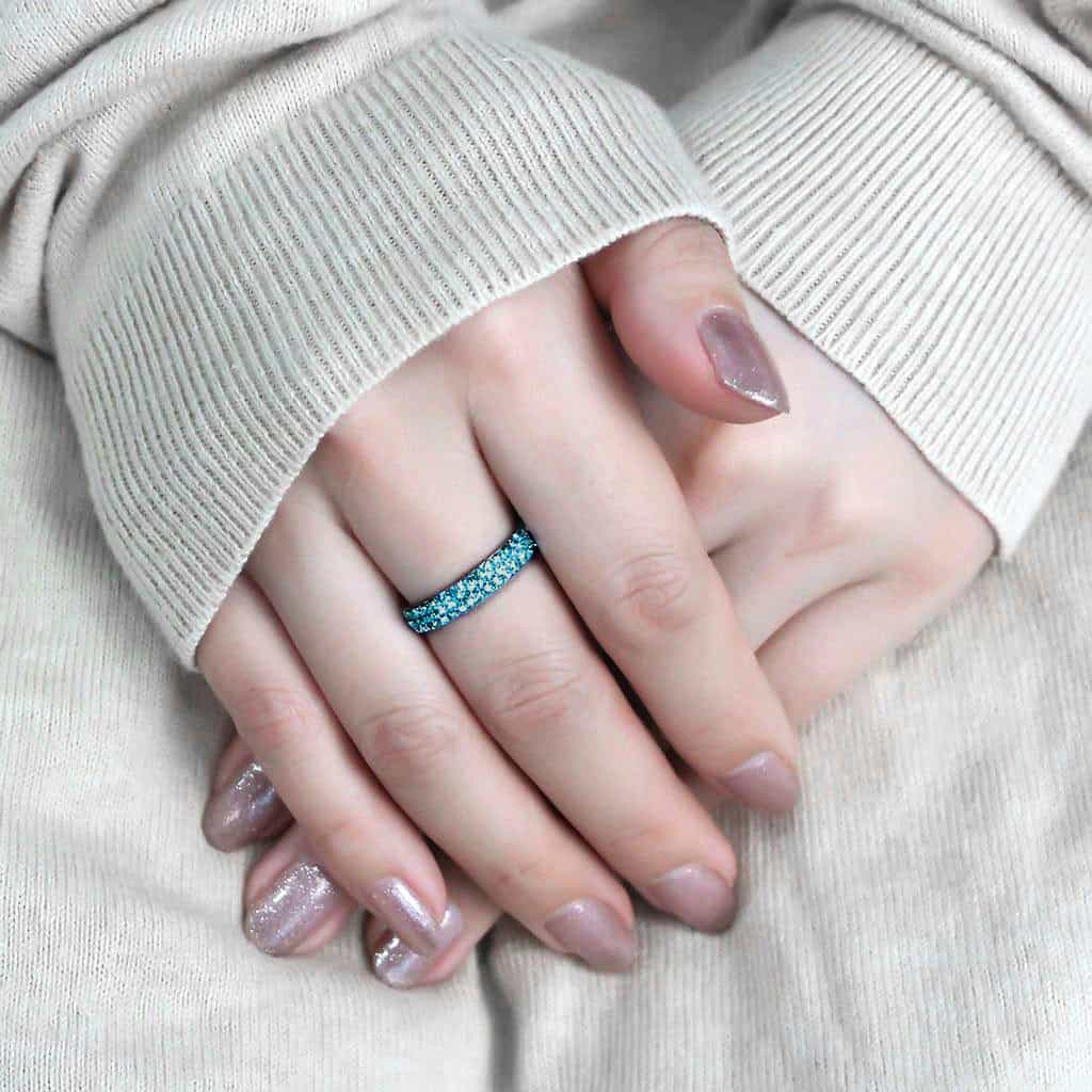 Stainless Steel Silver Aquamarine Crystal Pave Dome Eternity Ring view 9