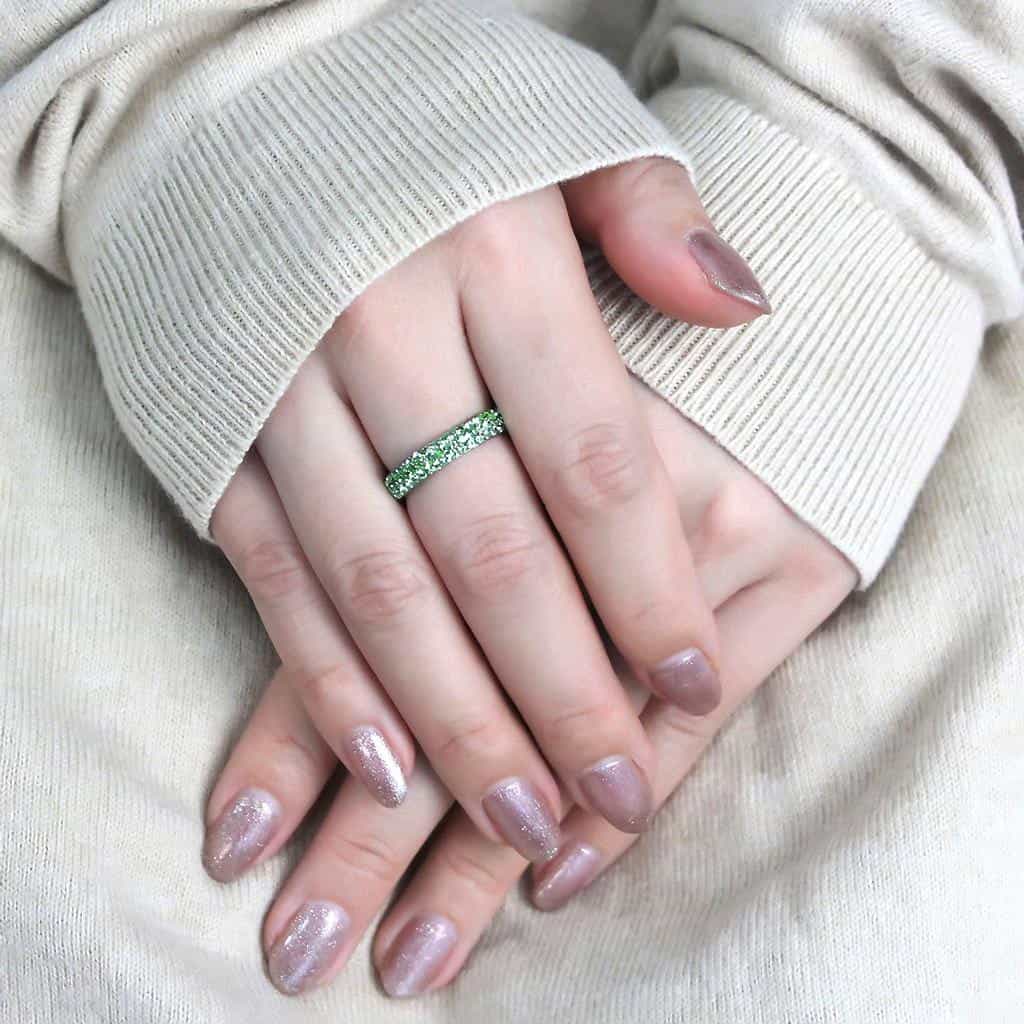 Stainless Steel Silver Peridot Green Crystal Pave Dome Ring view 9