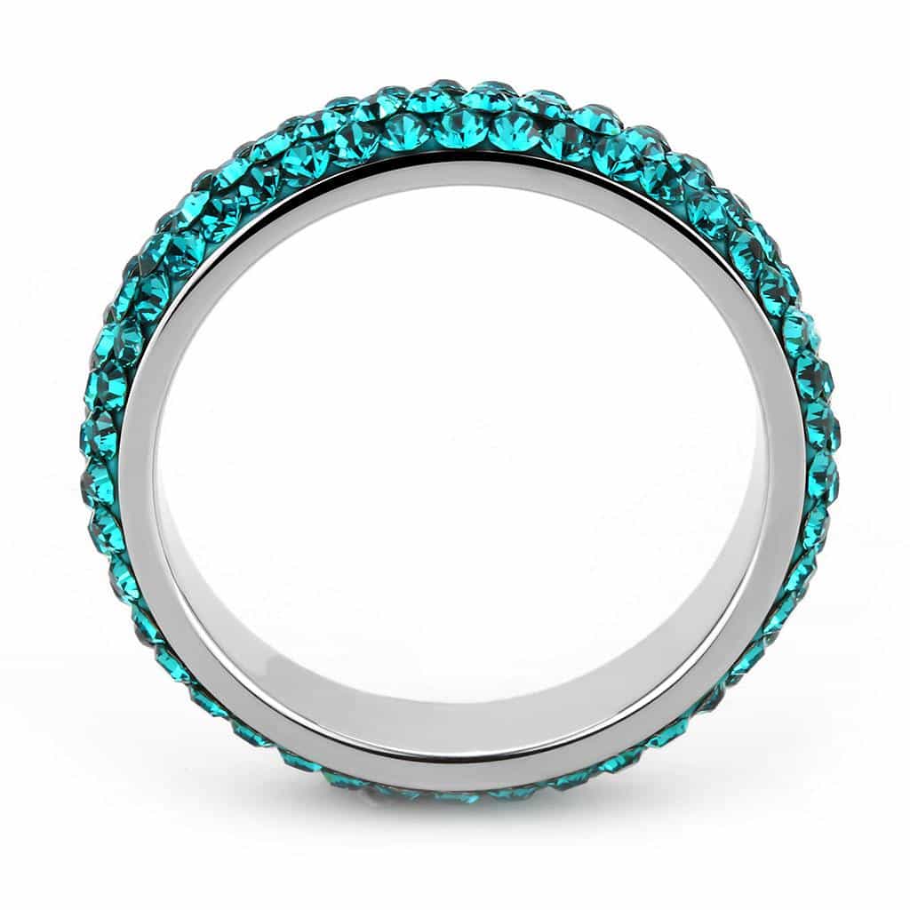 Stainless Steel Silver Teal Emerald Crystal Pave Dome Ring view 5