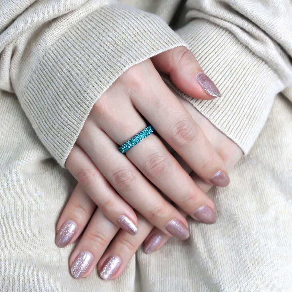 Stainless Steel Silver Teal Emerald Crystal Pave Dome Ring view 9