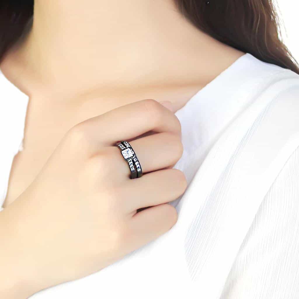 Stainless Steel Black IP CZ Princess Channel Solitaire Ring view 9