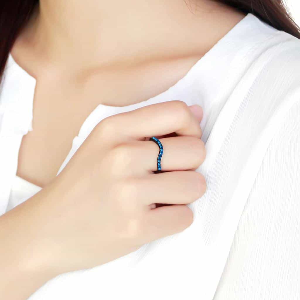 Stainless Steel Black IP Blue Zircon Crystal Channel Thin Ring view 9