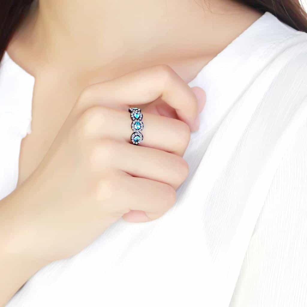Stainless Steel Black IP Light Blue CZ Marquise Pave Triple Ring view 9