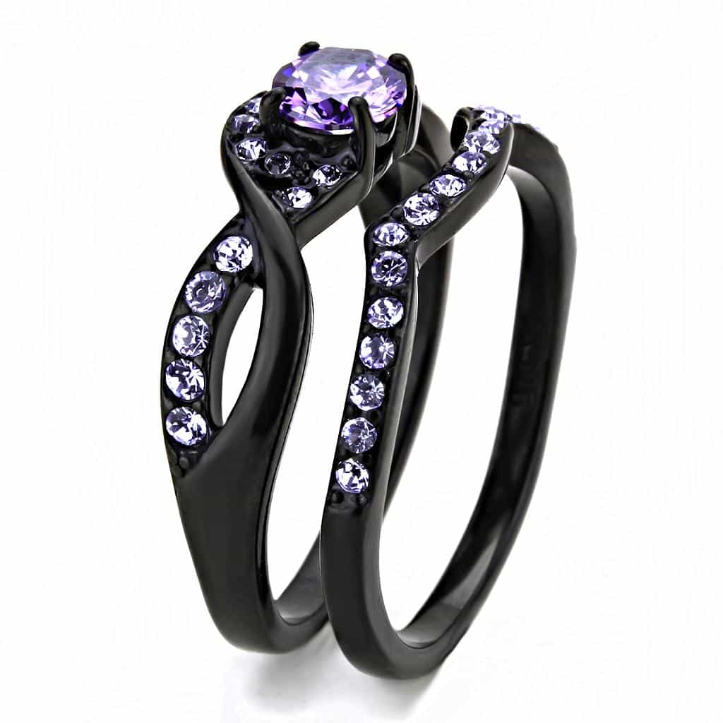 Stainless Steel Black IP Light Amethyst CZ Round Pave Swirl Ring view 7