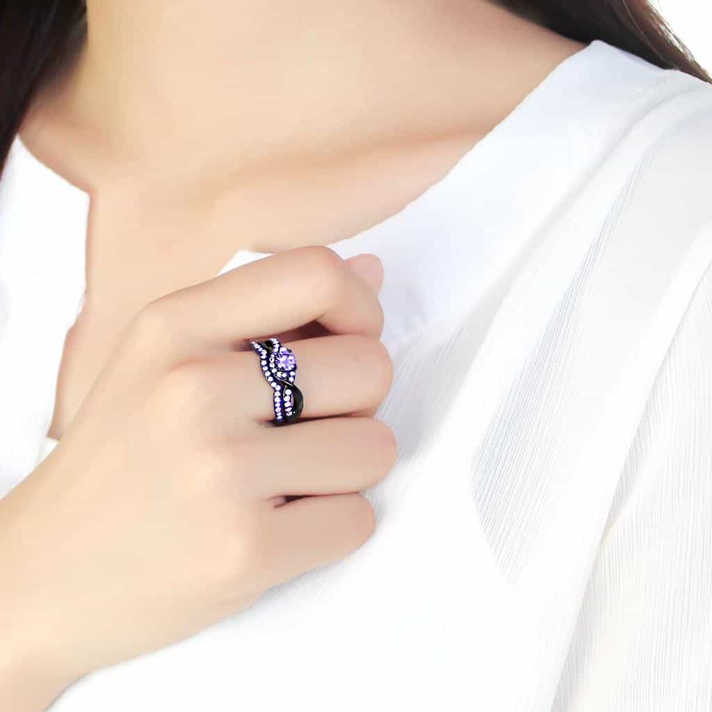 Stainless Steel Black IP Light Amethyst CZ Round Pave Swirl Ring view 9