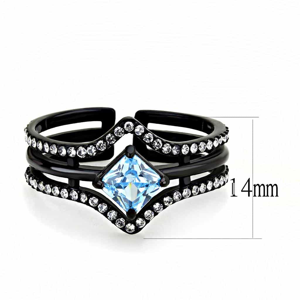 Stainless Steel Black IP Aquamarine Princess CZ Pave Chevron Ring view 3