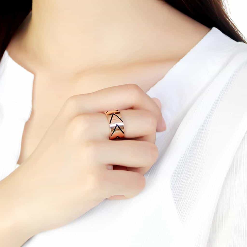 Stainless Steel Rose Gold IP Black Enamel Chevron Arrow Wide Ring view 9